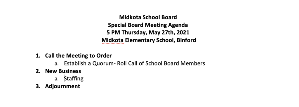Special Board Meeting, Binford 5 PM