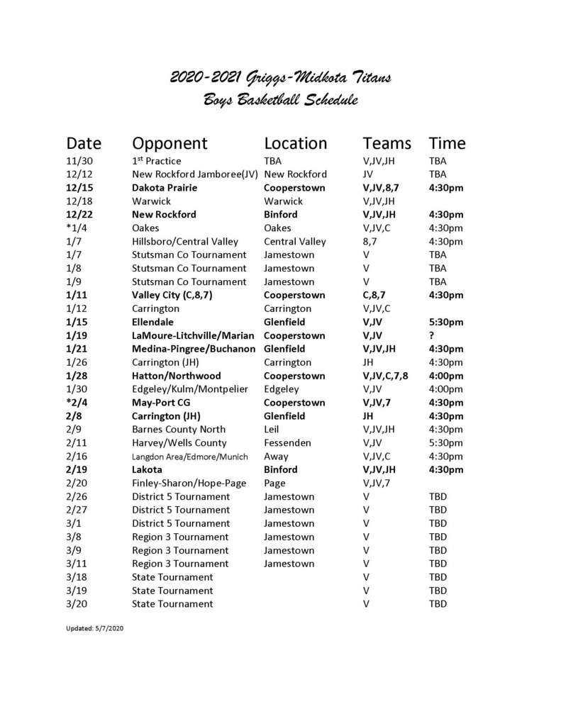 2020-21 Titan Sports Schedules