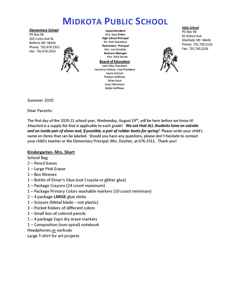 Elementary School Supply Letter